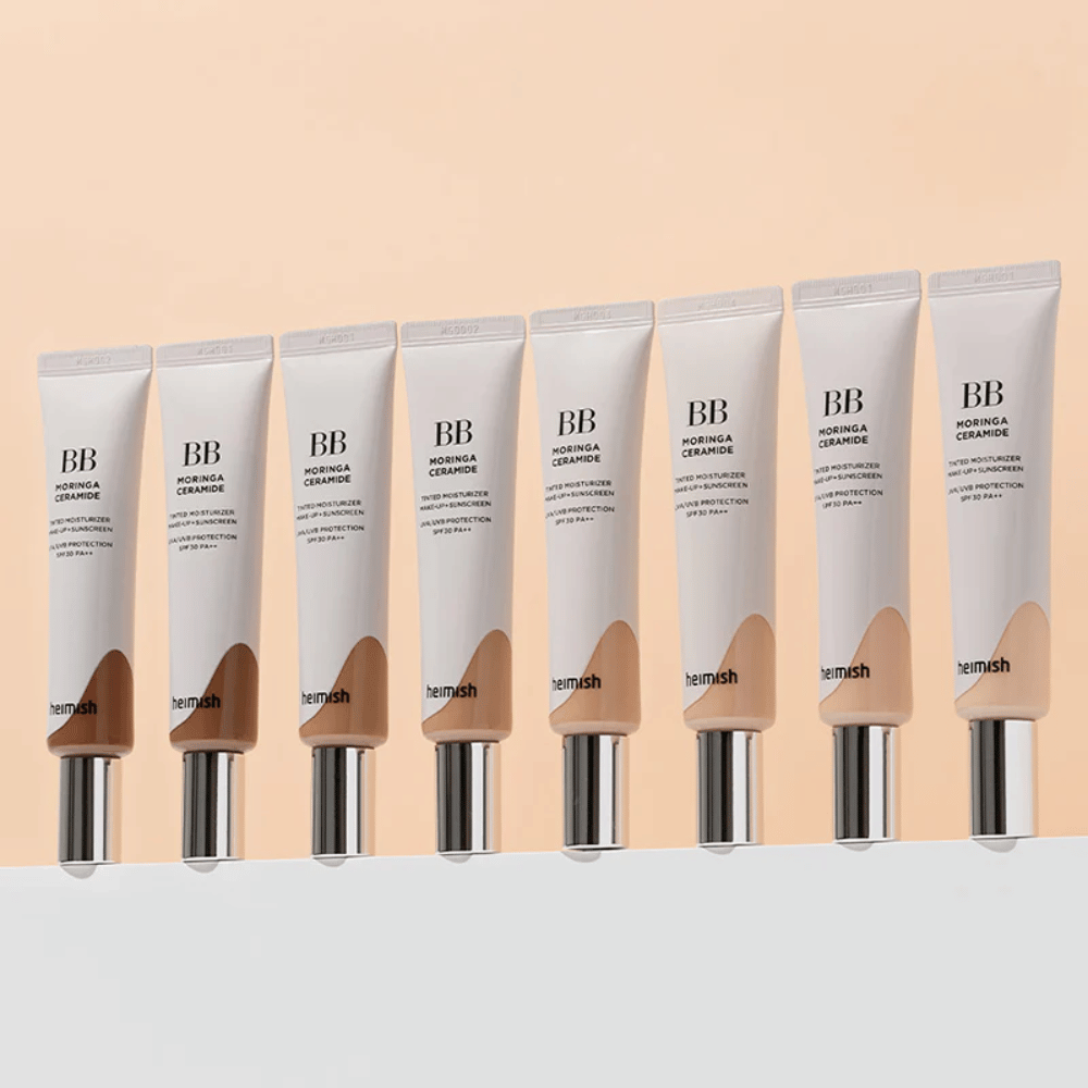 Række af Heimish Moringa Ceramide BB Cream i flere farvenuancer. Billedet illustrerer variationen fra lysere til mørkere toner for at passe til forskellige hudtoner og behov.