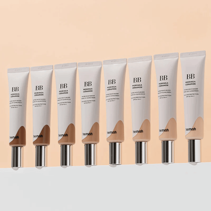 Række af Heimish Moringa Ceramide BB Cream i flere farvenuancer. Billedet illustrerer variationen fra lysere til mørkere toner for at passe til forskellige hudtoner og behov.