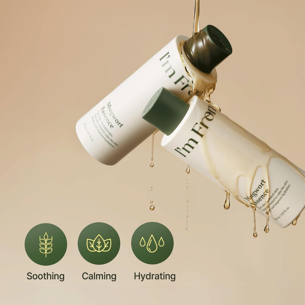 I'm From Mugwort Essence med mugwort-ekstrakt, som beroliger irriteret hud, tilfører intensiv fugt og hjælper med at styrke hudbarrieren.