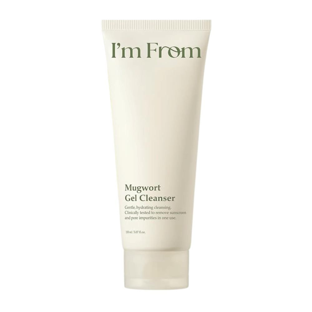 I'm From Mugwort Gel Cleanser 150 ml, mild og fugtgivende ansigtsrens med mugwort i en lysbeige tube mod hvid baggrund.