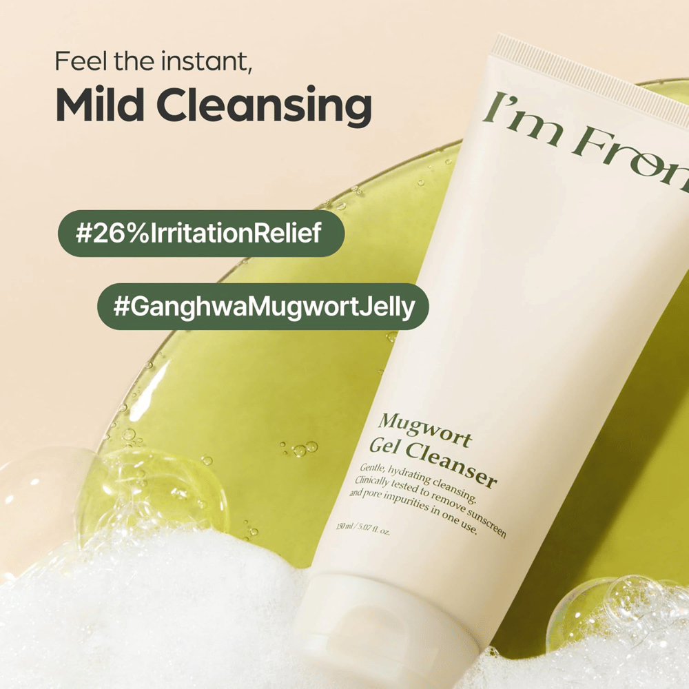 I'm From Mugwort Gel Cleanser 150 ml, skånsom gelrens med mugwort. Beige tube med grøn rensegel og hvidt skum.