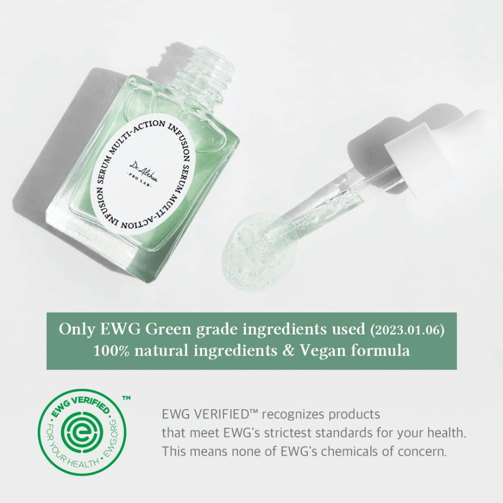 Dr. Althea Multi Action Infusion Serum med vegansk formel og EWG-certificerede ingredienser, skånsom for sensitiv hud og uden skadelige stoffer.