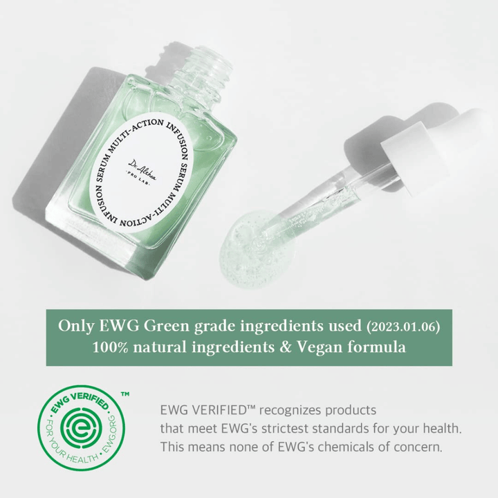 Dr. Althea Multi Action Infusion Serum med vegansk formel og EWG-certificerede ingredienser, skånsom for sensitiv hud og uden skadelige stoffer.