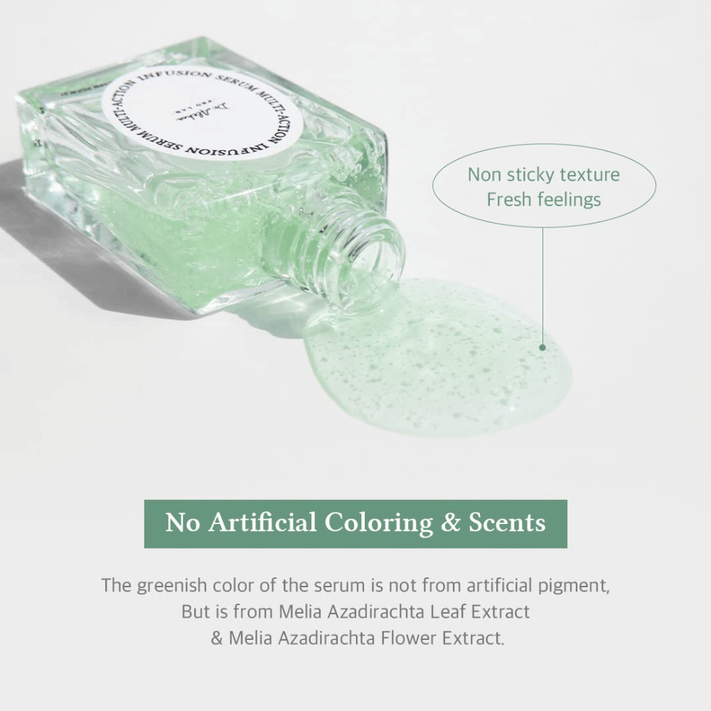 Dr. Althea Multi Action Infusion Serum med let, frisk tekstur uden klistret følelse, beriget med naturlige ingredienser og fri for parfume.