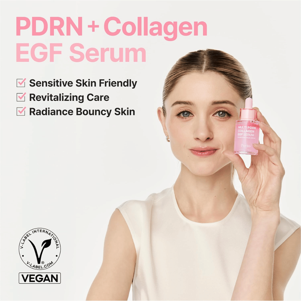 Purito Multi PDRN Collagen EGF Serum – vegansk serum til sensitiv hud, glød og spændstighed.