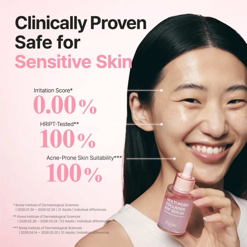 Purito Multi PDRN Collagen EGF Serum – klinisk testet serum, der passer til sensitiv og akneudsat hud.