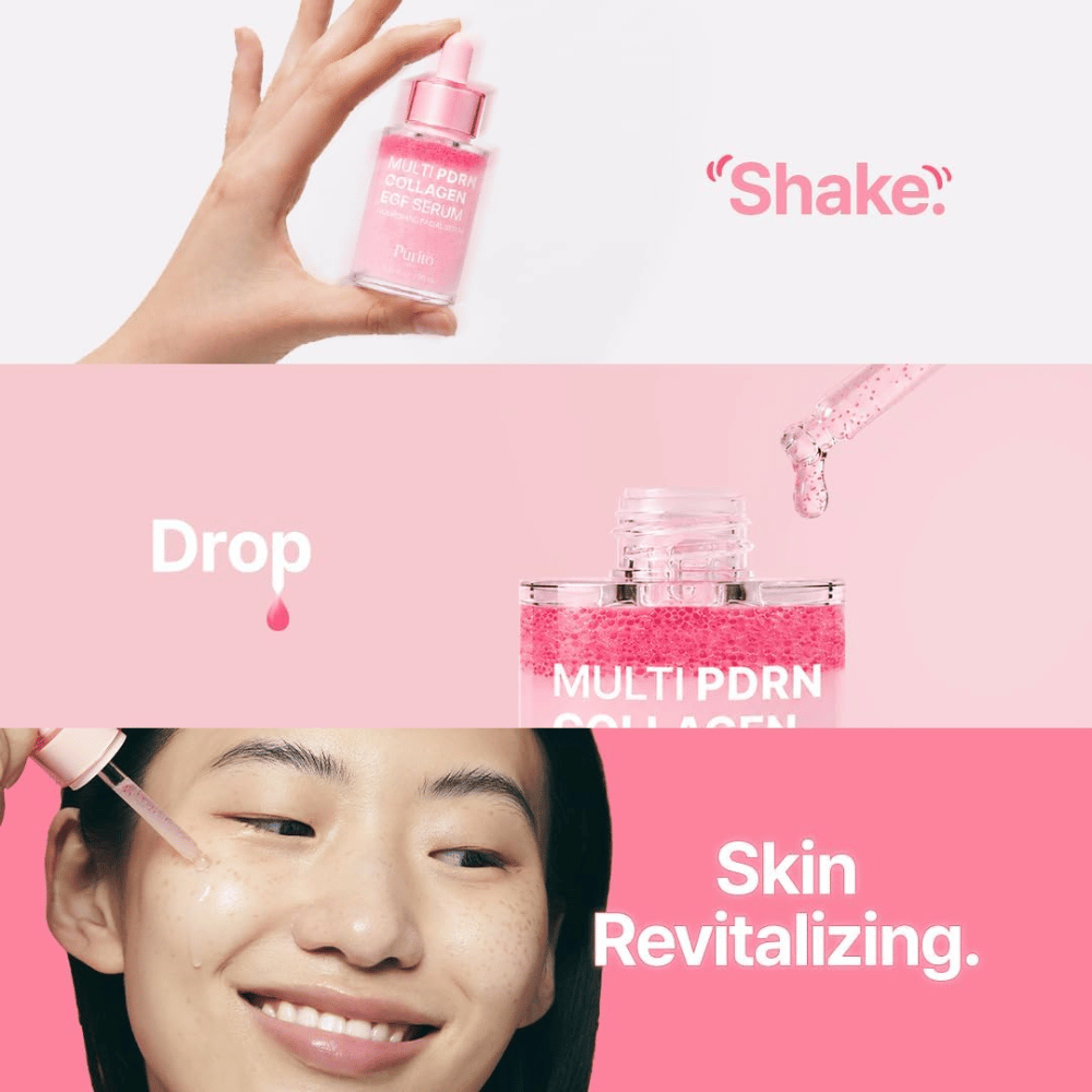 Purito Multi PDRN Collagen EGF Serum – påføring af det rosa serum for fugtet og revitaliseret hud.