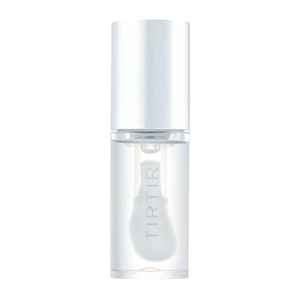 TIRTIR My Glow Lip Oil i gennemsigtig flaske med hvidt låg og minimalistisk design, fritlagt mod hvid baggrund.