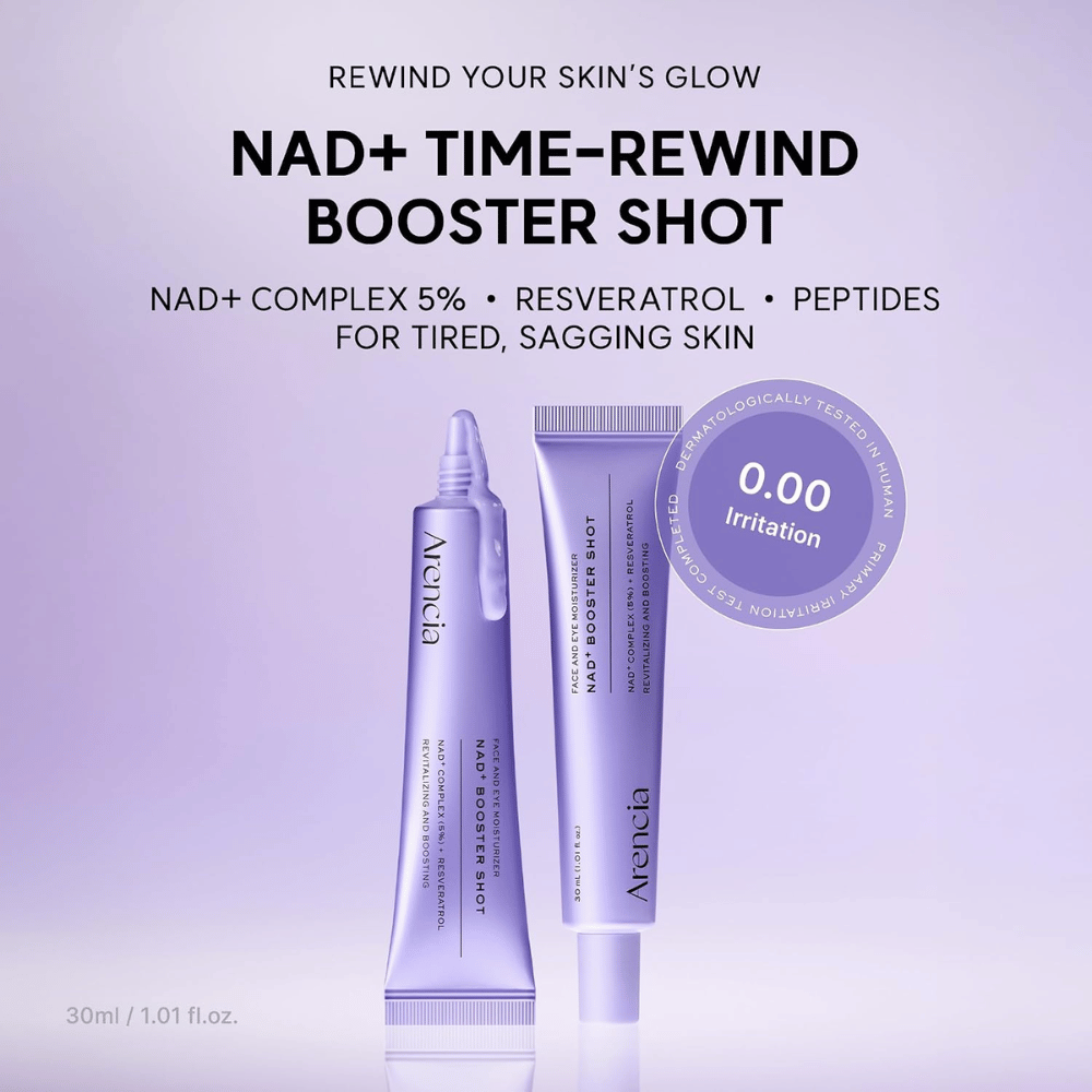 Arencia NAD+ Booster Shot med 5% NAD+ Complex, resveratrol og peptider – dermatologisk testet ansigtscreme til træt og moden hud.