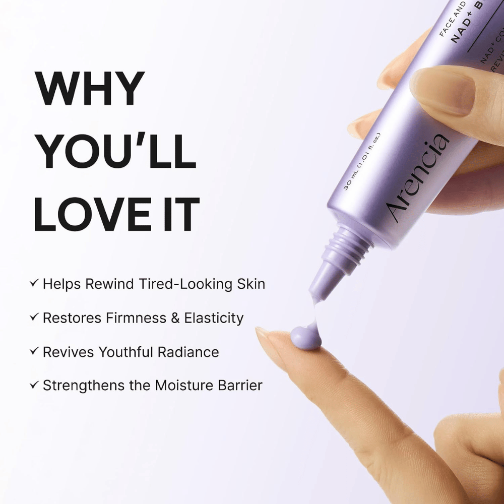 Arencia NAD+ Booster Shot 30 ml – plejende ansigtscreme, som styrker hudbarrieren og giver fasthed, elasticitet og glød.