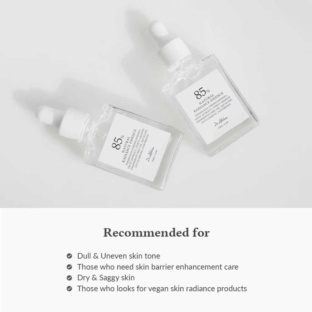 Dr. Althea Natural Radiance Essence med 85% Kakadu Plum Extract, egnet til træt hud, ujævn hudtone og tør hud som har brug for en styrket hudbarriere.