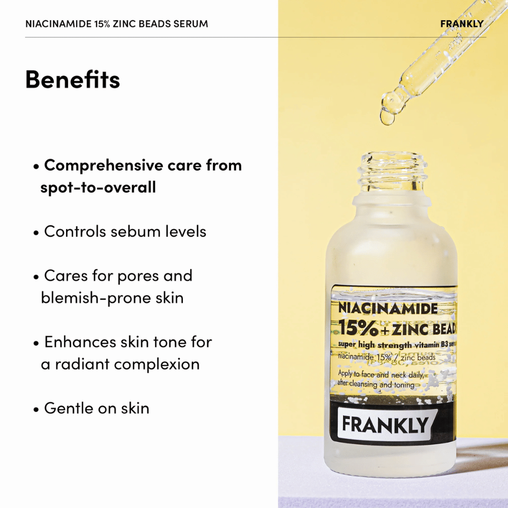 Flaske med FRANKLY Niacinamide 15% + Zinc Beads Serum på gul baggrund. Tekst viser Fordele: balancerer talg, reducerer porer og jævner hudtone.
