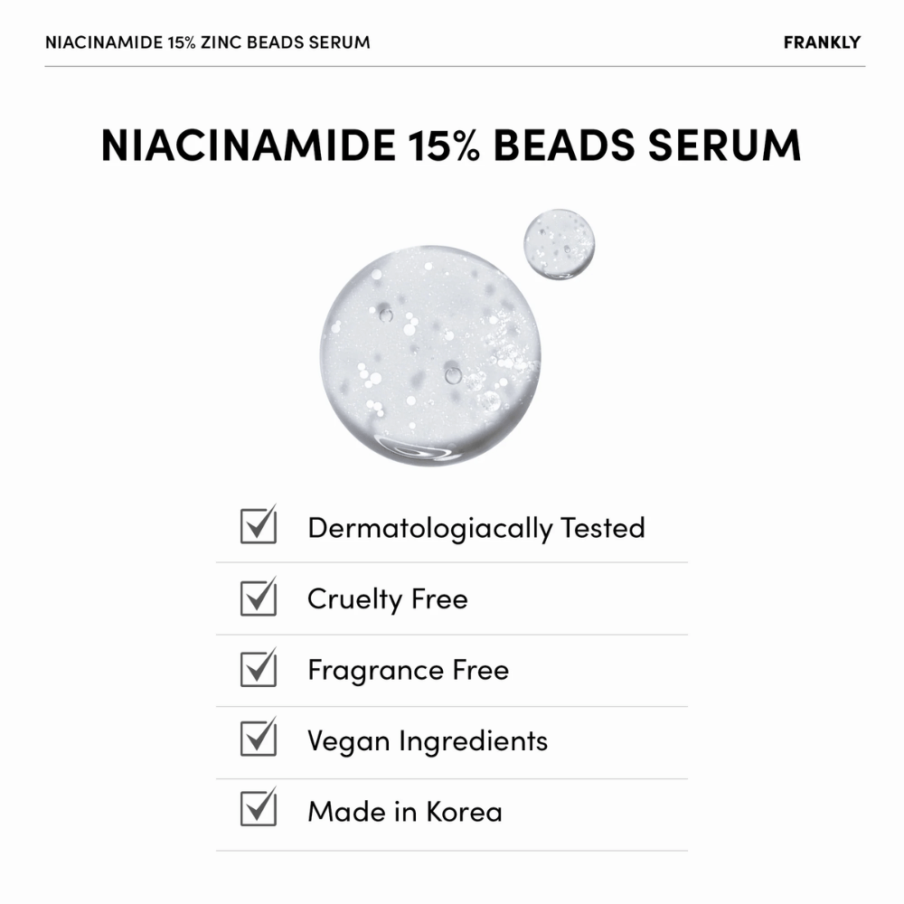 Klar gel med hvide perler i FRANKLY Niacinamide 15% + Zinc Beads Serum. Tekst viser at produktet er vegansk, parfumefri og dermatologisk testet.