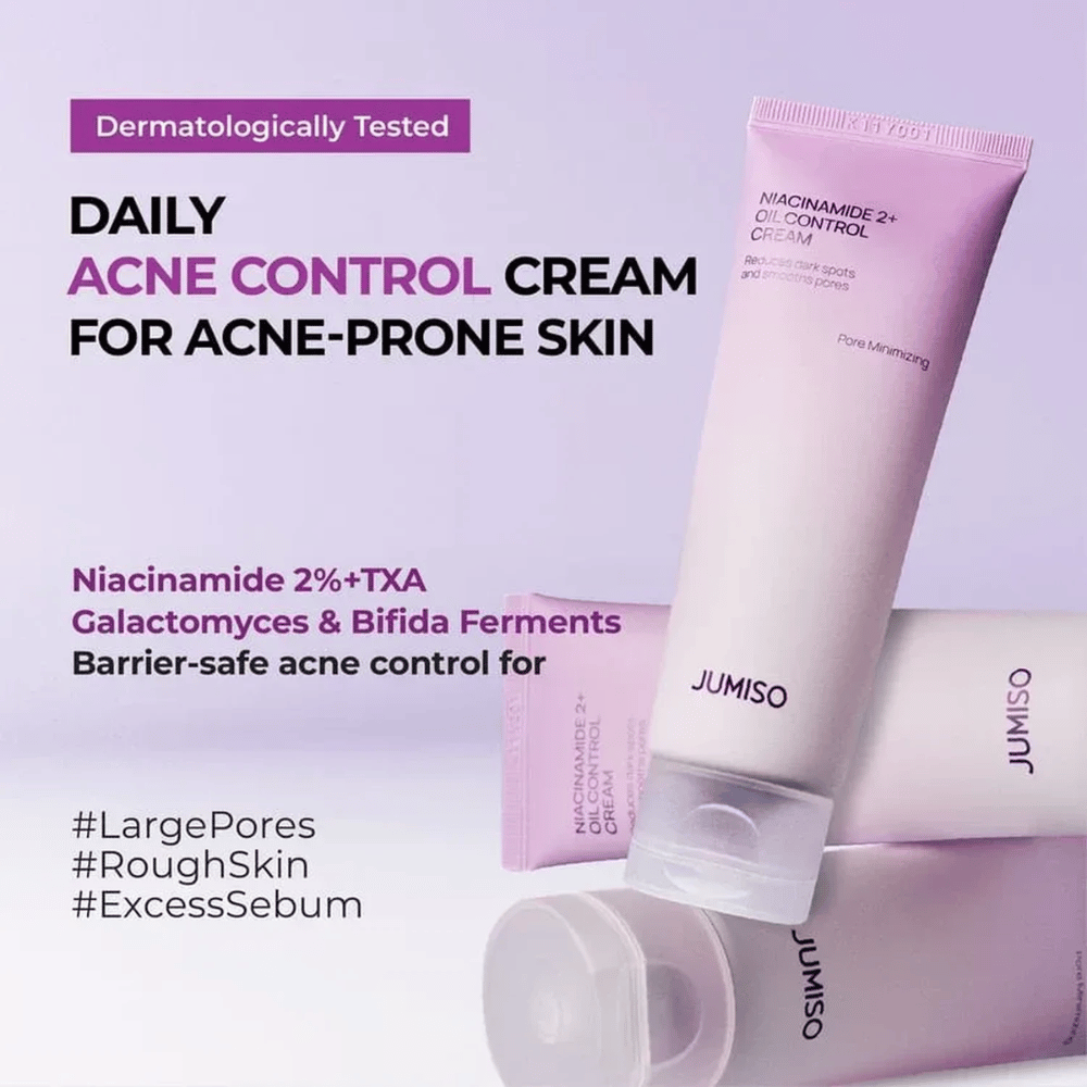 Markedsføringsbillede af JUMISO Niacinamide 2+ Oil Control Cream med fokus på daglig pleje til akneudsat hud. Teksten beskriver ingredienser som niacinamid, tranexamsyre, galactomyces og bifida-ferment, som hjælper med at kontrollere talg og styrke hudbarrieren.