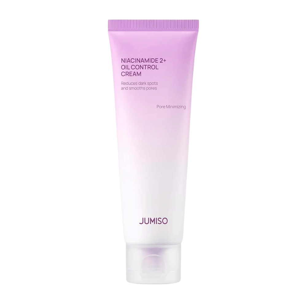 Produktbillede af JUMISO Niacinamide 2+ Oil Control Cream på lys baggrund. Den rosa og hvide tube fremhæver produktets fokus på talgkontrol, poreminimering og forbedret hudtone til fedtet og kombineret hud.