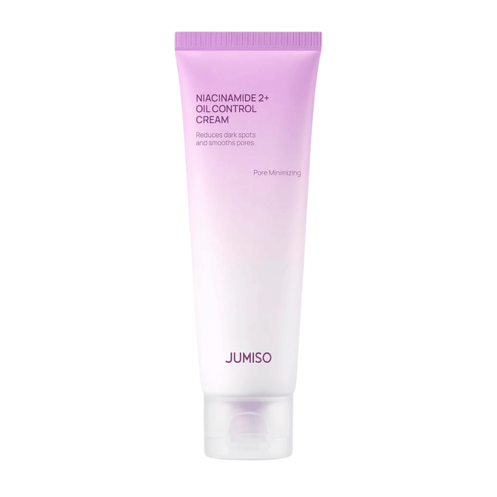 Produktbillede af JUMISO Niacinamide 2+ Oil Control Cream på lys baggrund. Den rosa og hvide tube fremhæver produktets fokus på talgkontrol, poreminimering og forbedret hudtone til fedtet og kombineret hud.