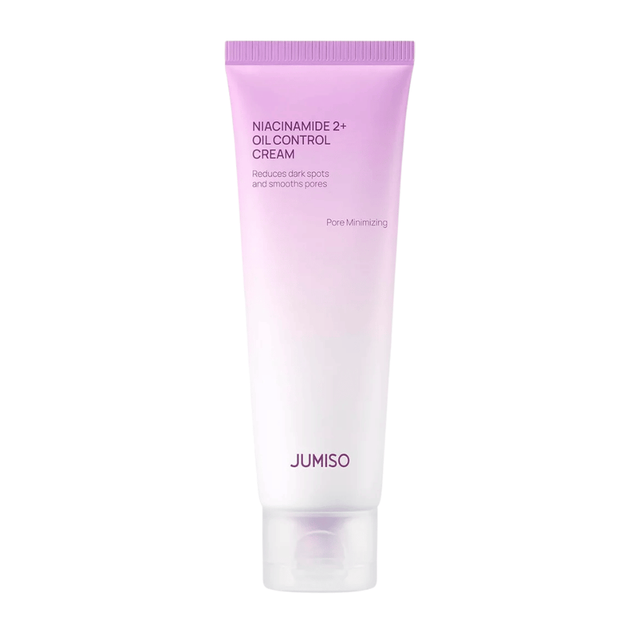 Produktbillede af JUMISO Niacinamide 2+ Oil Control Cream på lys baggrund. Den rosa og hvide tube fremhæver produktets fokus på talgkontrol, poreminimering og forbedret hudtone til fedtet og kombineret hud.