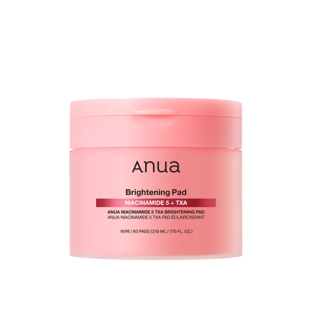 Rosa emballage af Anua Brightening Pad med teksten "Niacinamide 5 + TXA", indeholder 60 pads til hudpleje med fokus på glød og mere ensartet hudtone.