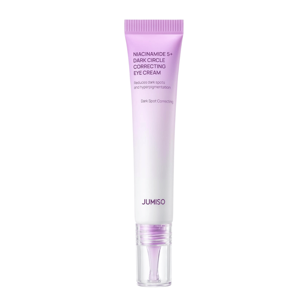 5. Jumiso Niacinamide 5+ Dark Circle Correcting Eye Cream – lilla og hvid tube med transparent applikator mod hvid baggrund