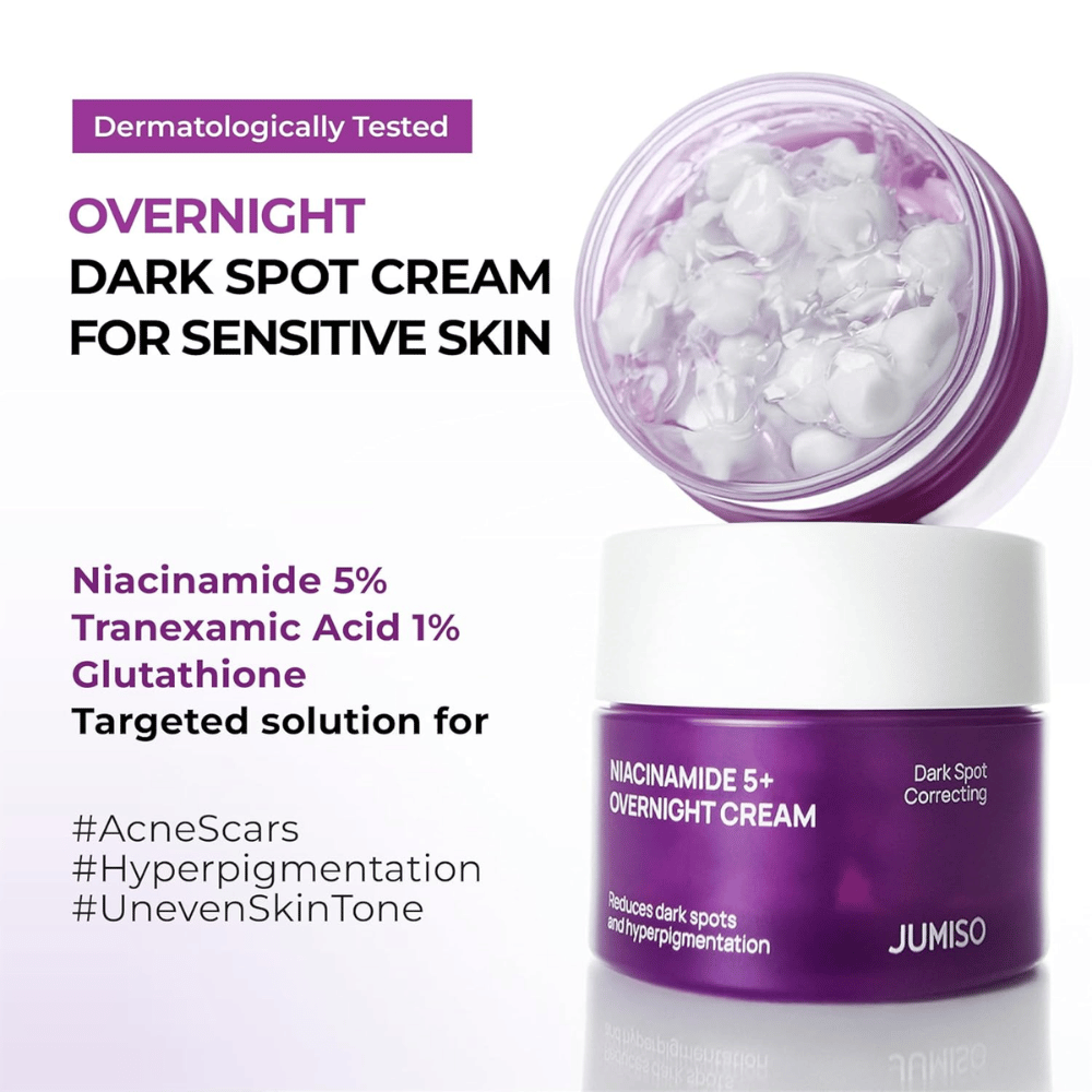 JUMISO Niacinamide 5+ Overnight Cream med åben krukke, som viser kapselgel-teksturen. Billedet fremhæver ingredienser som niacinamid 5 %, tranexaminsyre 1 % og glutathion mod pigmentering og ujævn hudtone.