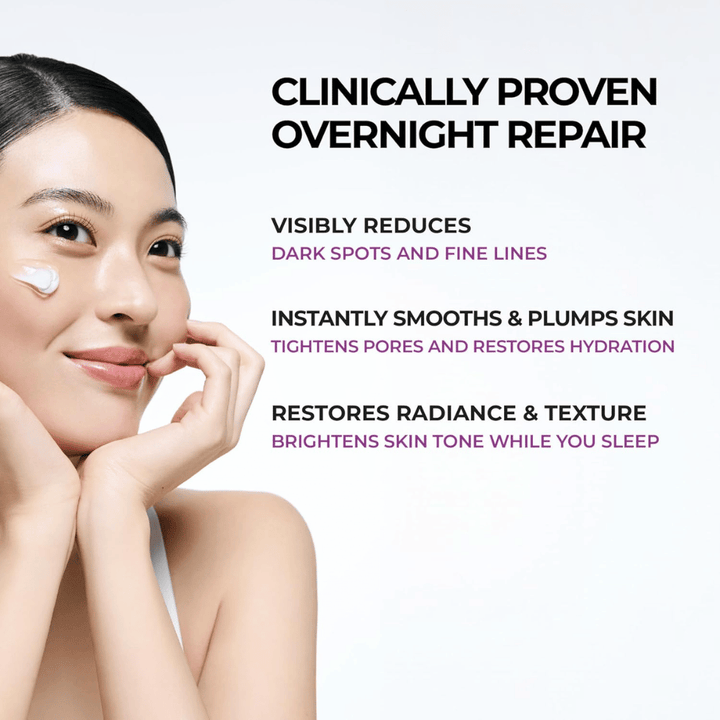 Model påfører JUMISO Niacinamide 5+ Overnight Cream på kinden. Billedet fremhæver natcremens plejende egenskaber til at forbedre hudens glød, fugtbalance og hudstruktur i løbet af natten.