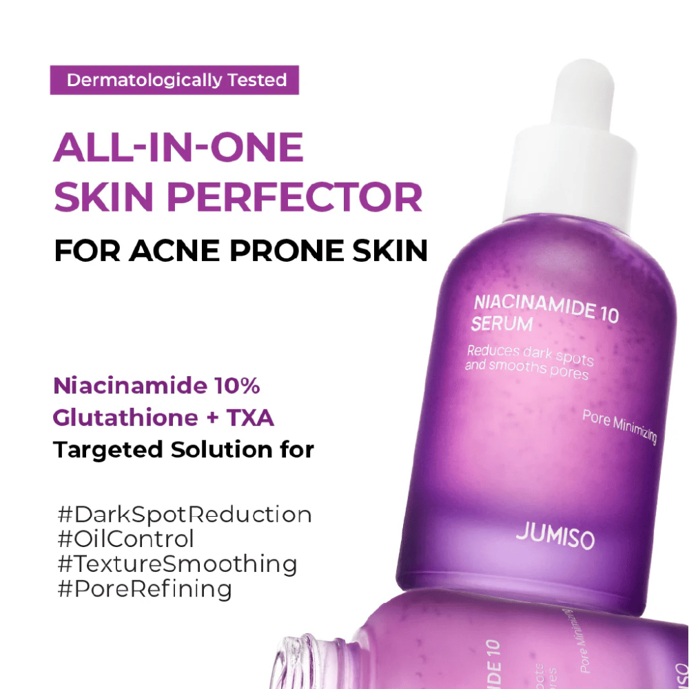 Jumiso Niacinamide 10 Serum – et alt-i-en-serum til akne-udsat hud med 10 % niacinamid, glutathion og TXA, der reducerer mørke pletter og porer.