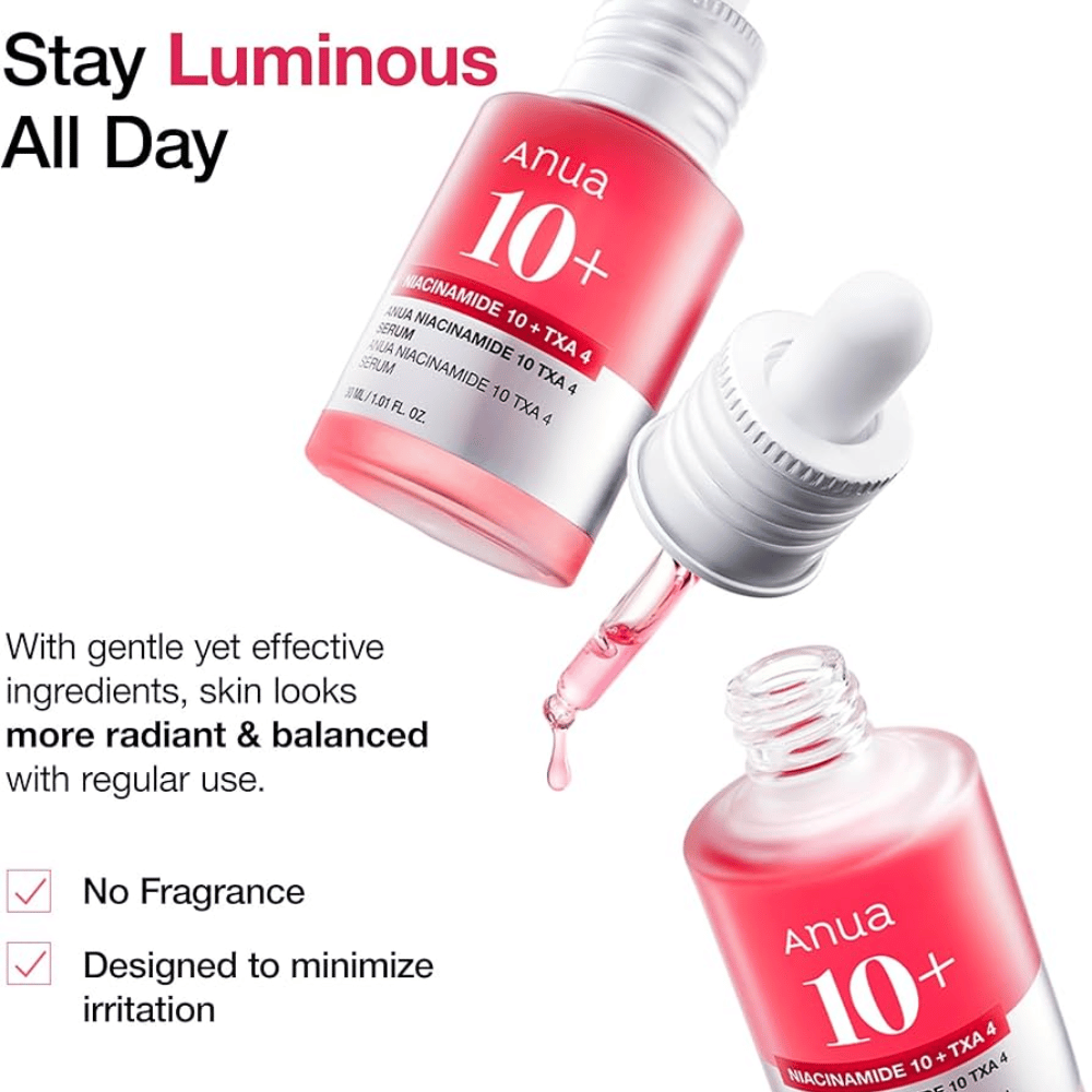 Højeffektivt serum med 10% niacinamid og 4% tranexamsyre for en jævnere, strålende hudtone. Parfumefri formel, der minimerer irritation og balancerer huden.