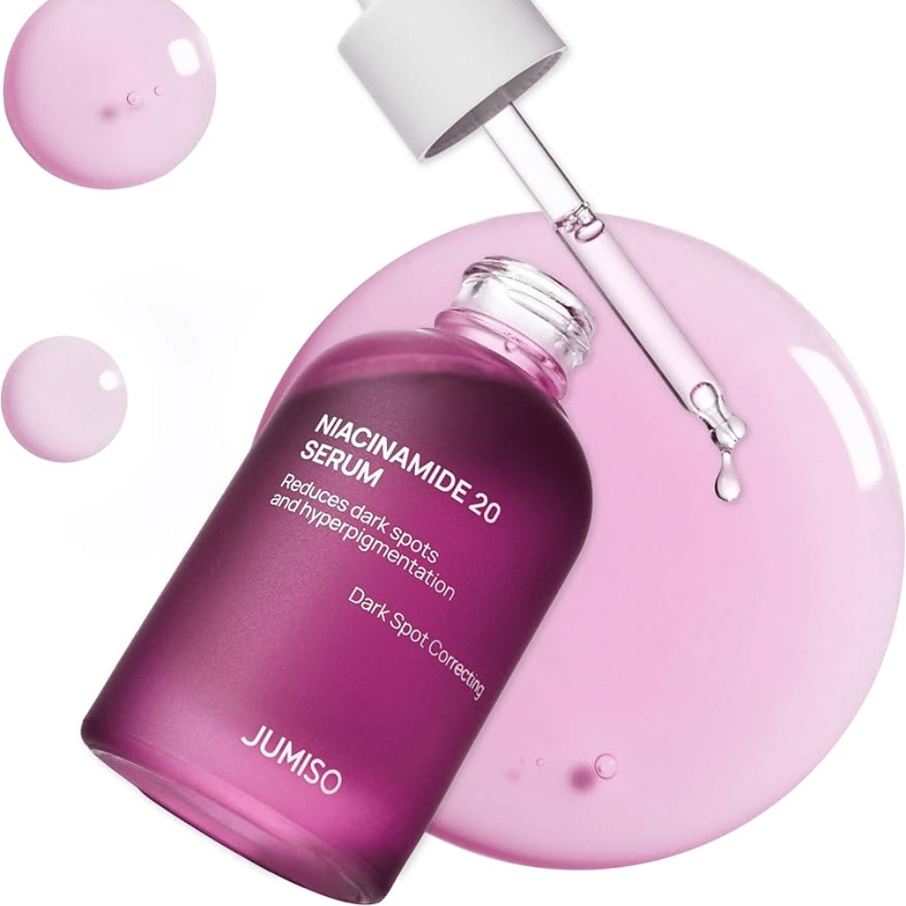 Nærbillede af Jumiso Niacinamide 20 Serum – lyserød tekstur, der effektivt lysner hudtonen og reducerer hyperpigmentering.