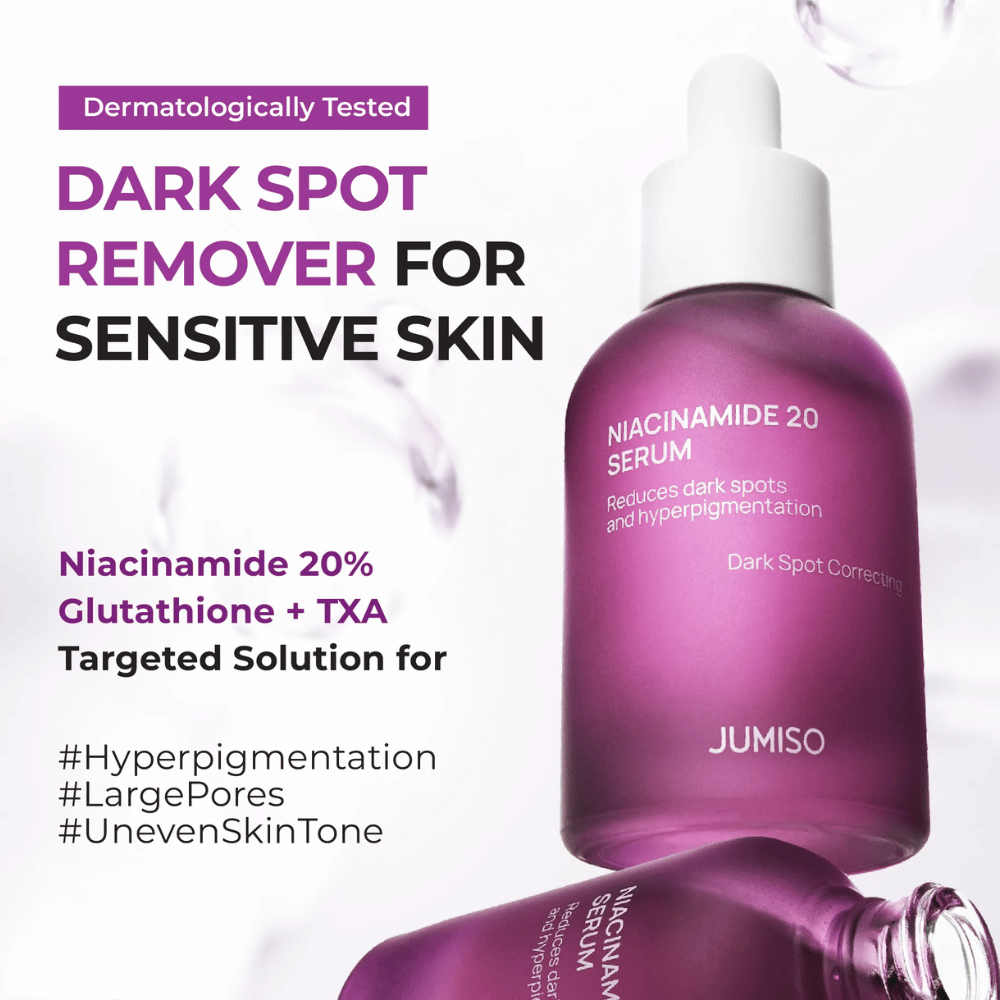 Jumiso Niacinamide 20 Serum – kraftfuldt serum med 20 % niacinamid, glutathion og TXA, der reducerer mørke pletter og hyperpigmentering, også for sensitiv hud.