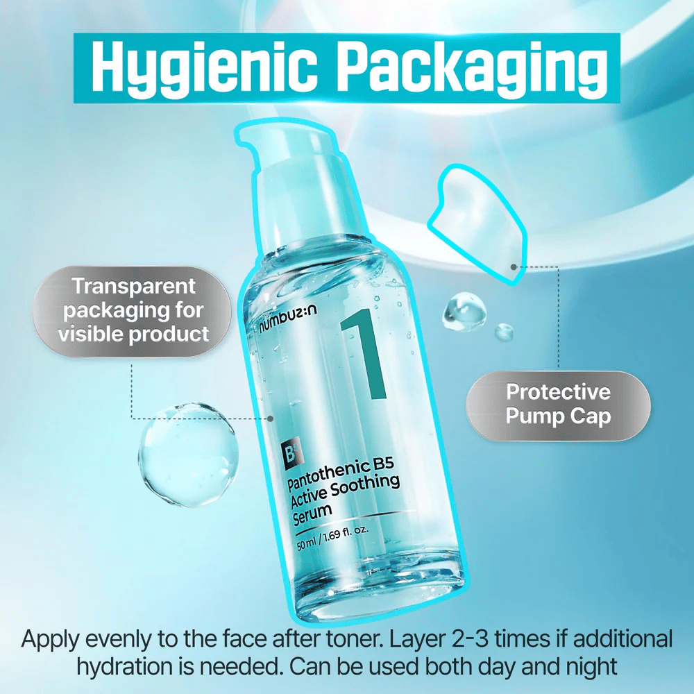 numbuzin No.1 Pantothenic B5 Active Soothing Serum 50 ml – beroligende B5-serum med hygiejnisk pumpe og transparent flaske for akne-udsat hud