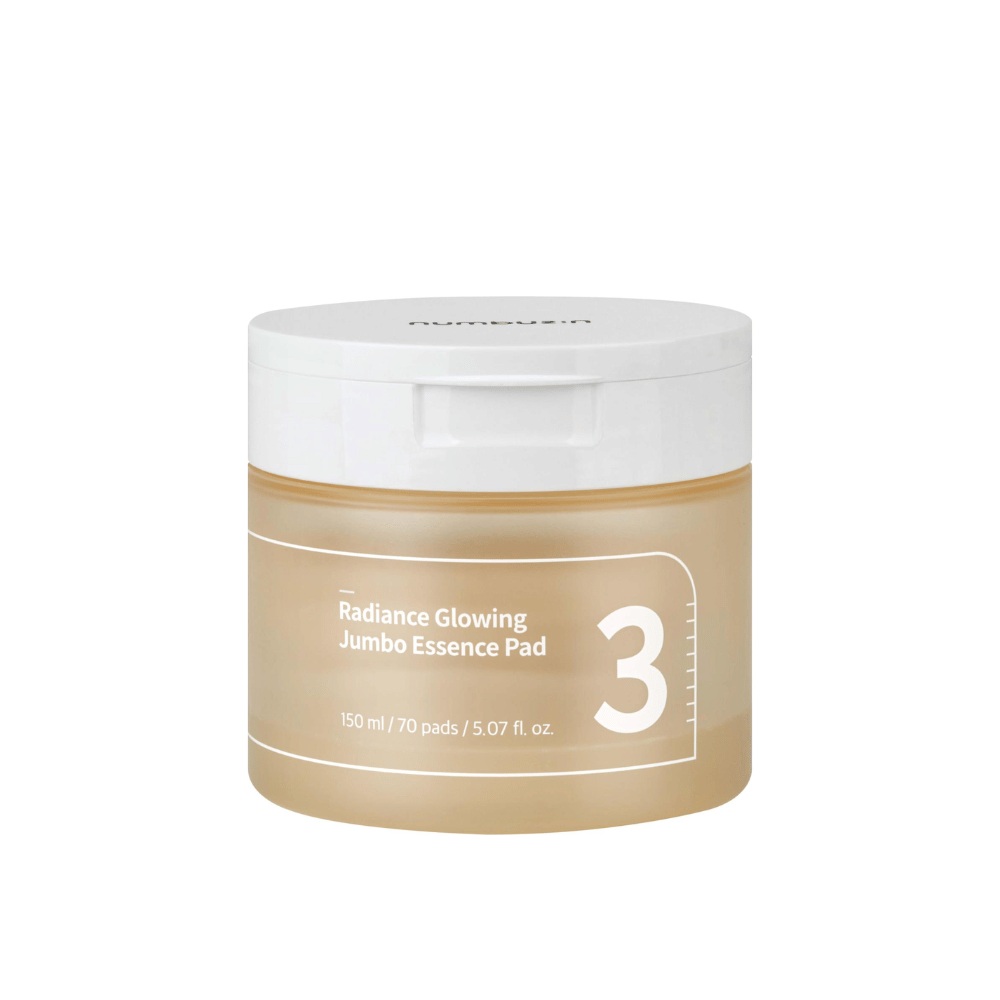 Produktbillede på lukket krukke med numbuzin No. 3 Radiance Glowing Jumbo Essence Pad, 150 ml / 70 pads.