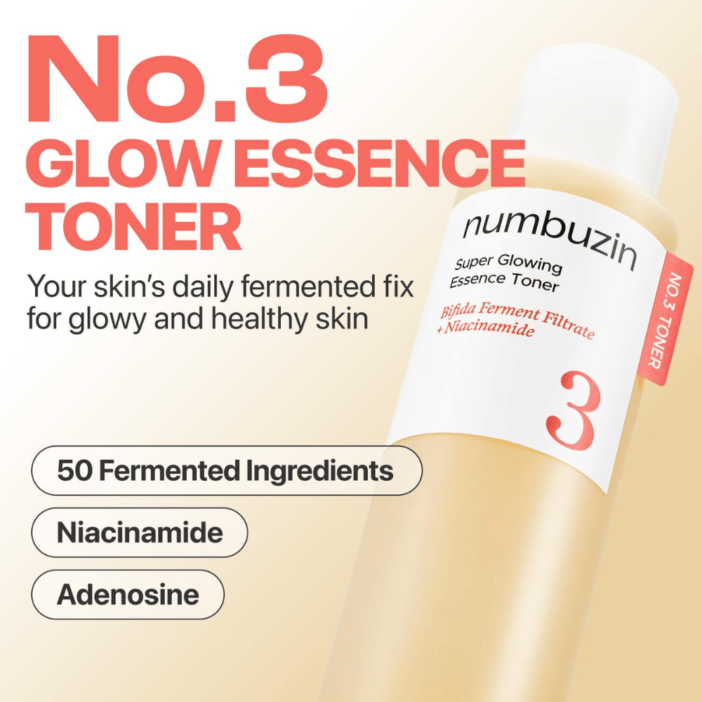 Numbuzin No.3 Glow Essence Toner – daglig fermenteret essens for frisk, fugtet og strålende hud.