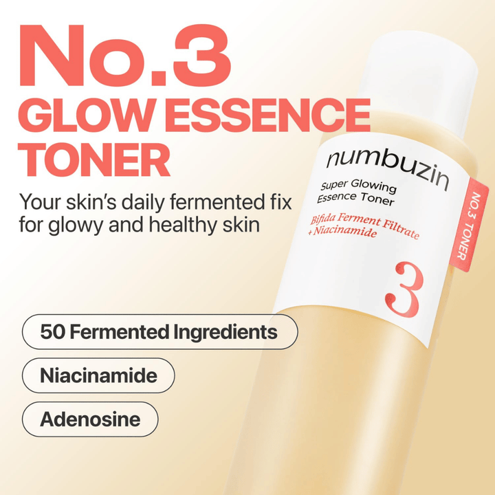 Numbuzin No.3 Glow Essence Toner – daglig fermenteret essens for frisk, fugtet og strålende hud.