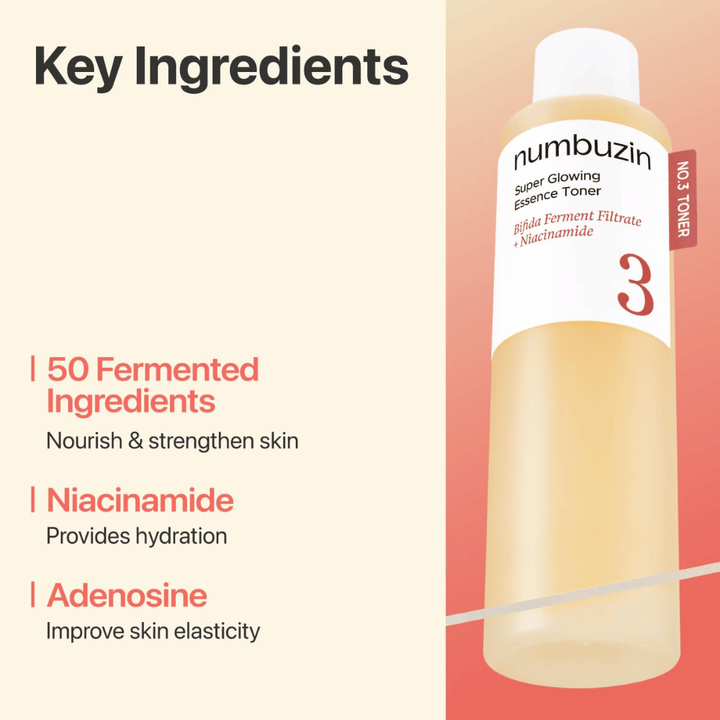 Numbuzin No.3 Toner indeholder 50 fermenterede ingredienser, niacinamid og adenosin som styrker og fugter huden.