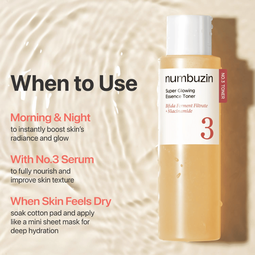 Anvendelse af Numbuzin No.3 Toner – morgen, aften eller ved tørhed for at give huden glød og dyb fugt.