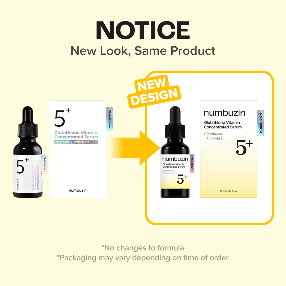 numbuzin No.5+ Glutathione Vitamin Concentrated Serum i nyt emballagedesign – samme formel for glød og mere ensartet hudtone.