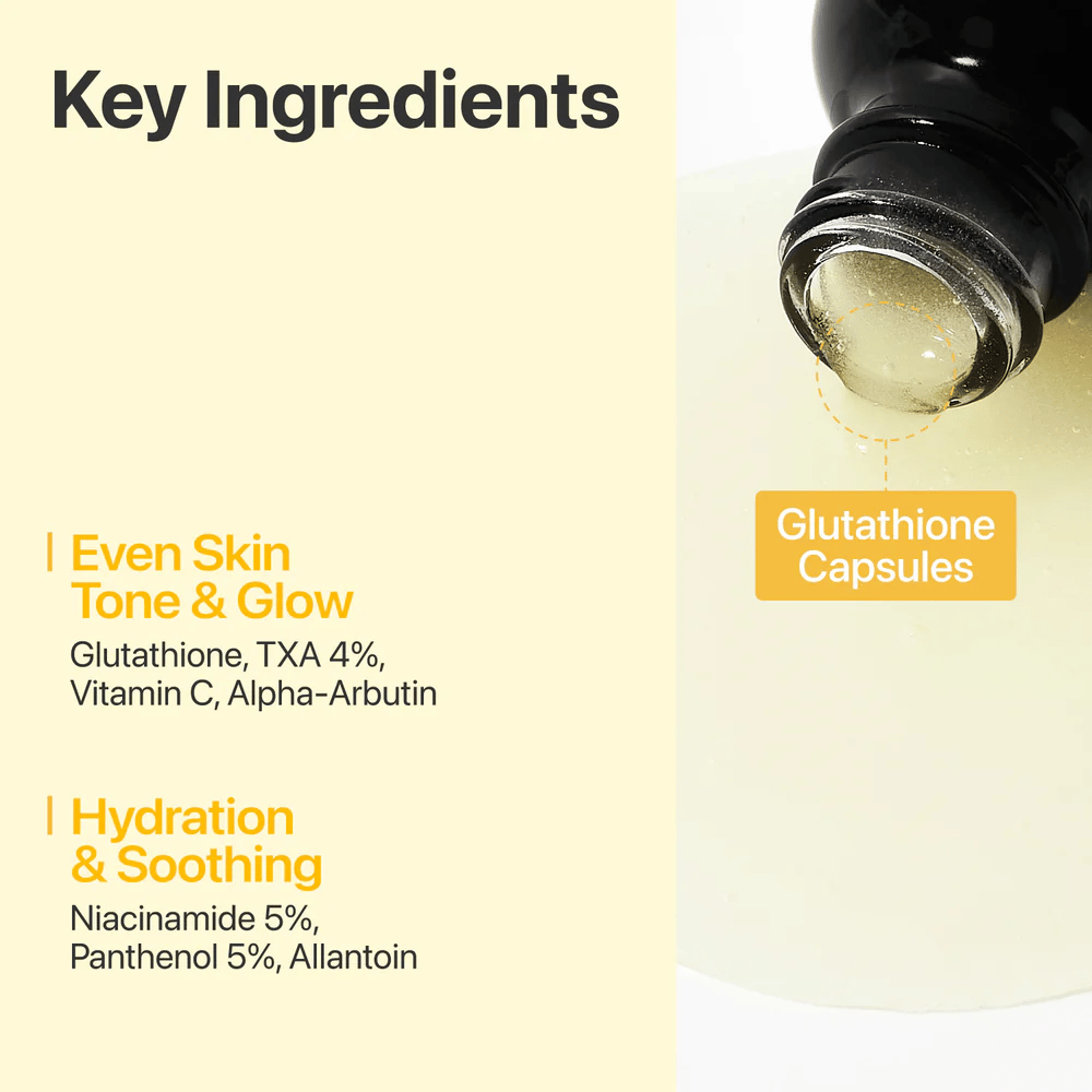 numbuzin No.5+ Glutathione Vitamin Concentrated Serum med glutathion, 4 % tranexamsyre, vitamin C, alfa-arbutin, niacinamid og panthenol.