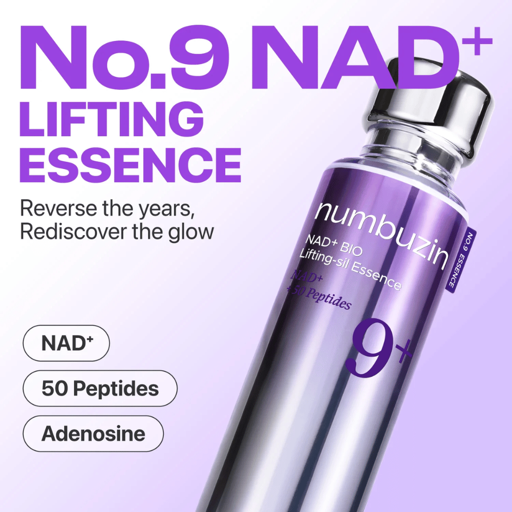 Numbuzin No.9 NAD+ Lifting Essence – kraftfuld essens med NAD+, peptider og adenosin som genopretter hudens glød og fasthed.