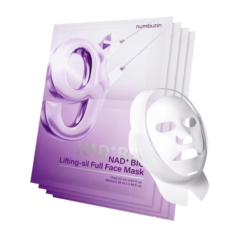 Emballage med ansigtsmasker fra No.9 NAD Bio Lifting-sil, inklusive fuld ansigtsmaske i transparent materiale og emballagen, der viser produktets anvendelse til ansigtsløft.