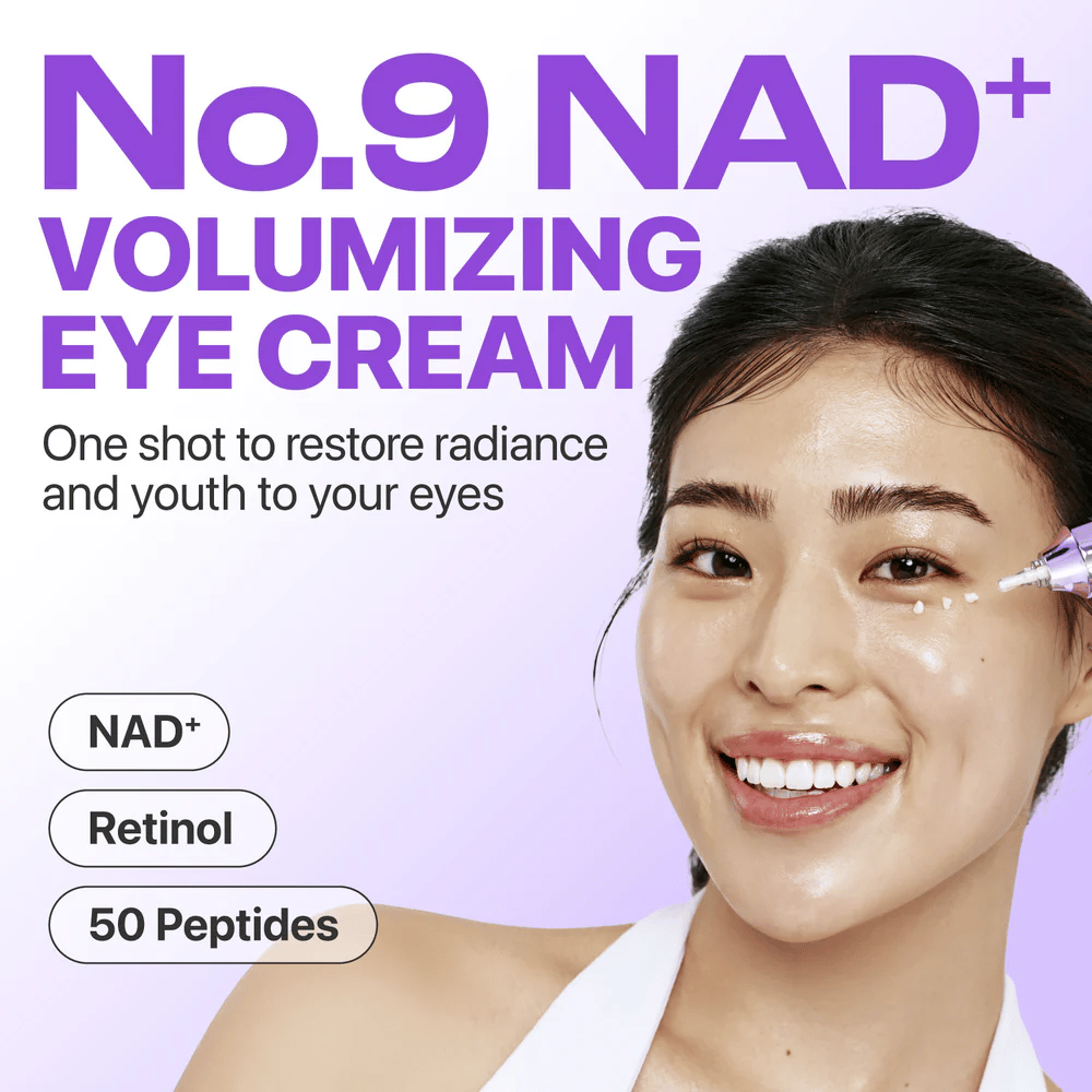 No.9 NAD+ Retinol Volumetox Eye Cream præsenteret som en volumengivende øjencreme, der genopretter glød og ungdommeligt udseende omkring øjnene.
