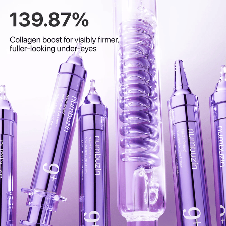 Illustration, der viser kollagenboost fra No.9 NAD+ Retinol Volumetox Eye Cream, udviklet til fastere og fyldigere hud under øjnene med synlige resultater.