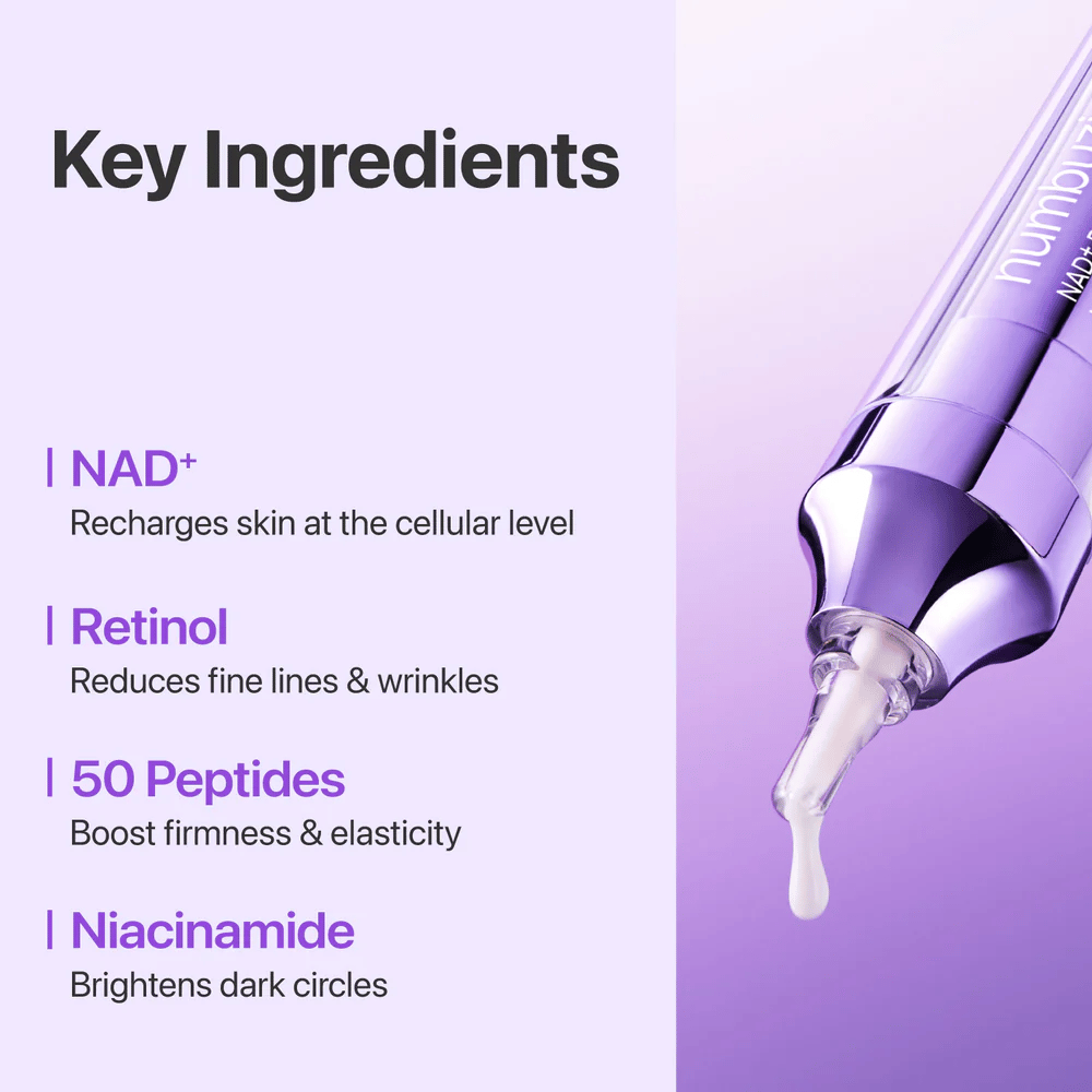 Nøgleingredienser i No.9 NAD+ Retinol Volumetox Eye Cream, med NAD+, retinol, 50 peptider og niacinamid, der hjælper med at styrke huden og reducere fine linjer.