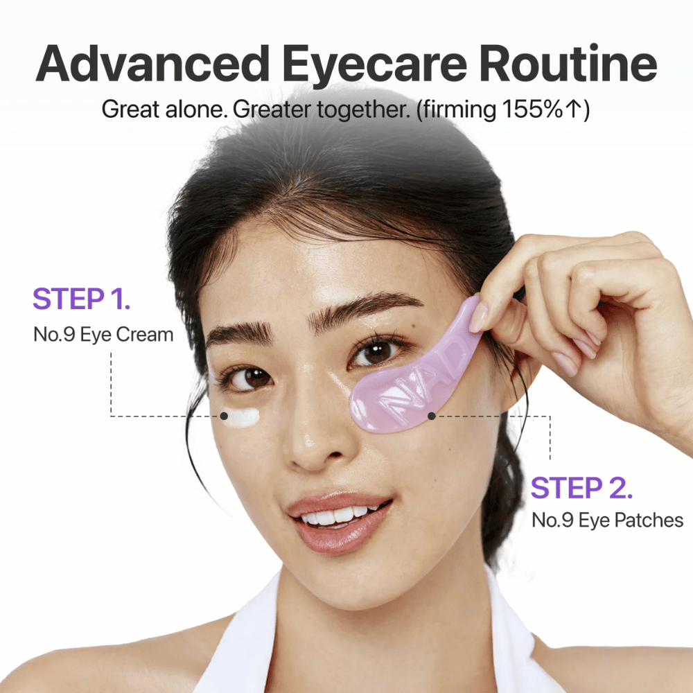 Anvendelse af numbuzen No.9 NAD+ Collagen Eye Patch trin for trin i øjenplejerutine for fastere og mere opvakt hud.
