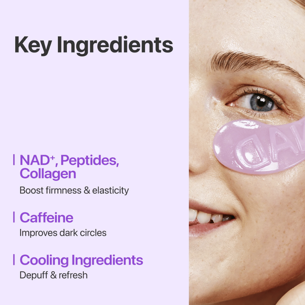 Nærbillede af numbuzen No.9 NAD+ Collagen Eye Patch – indeholder NAD+, kollagen og peptider, der styrker og fugter huden under øjnene.