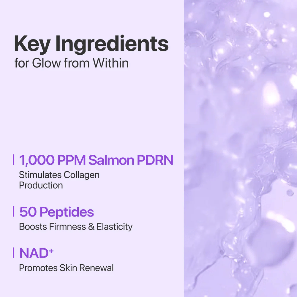Tekst og baggrund viser de vigtigste ingredienser: 1000 ppm Salmon PDRN, 50 Peptides og NAD+ som styrker, fugter og fornyer huden.