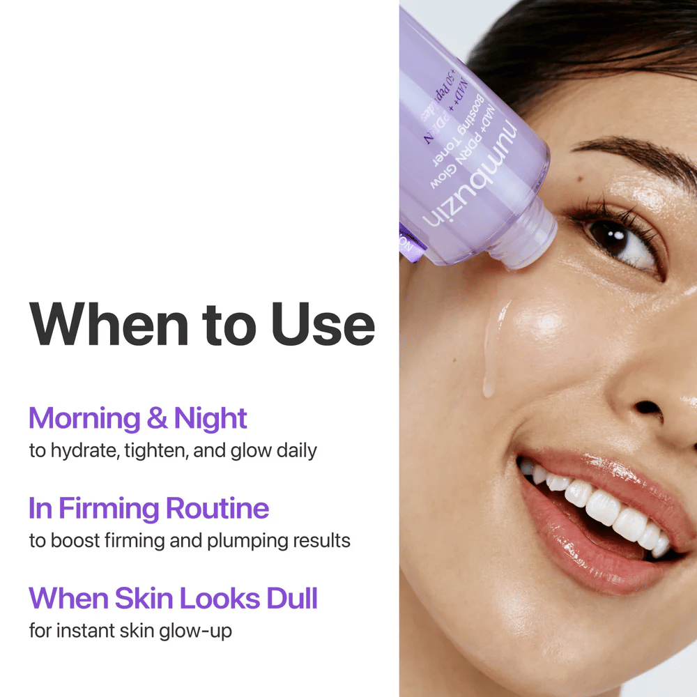 Kvinde anvender Numbuzin No.9 Toner på kinden. Tekst: ”When to Use – Morning & Night, In Firming Routine, When Skin Looks Dull.”