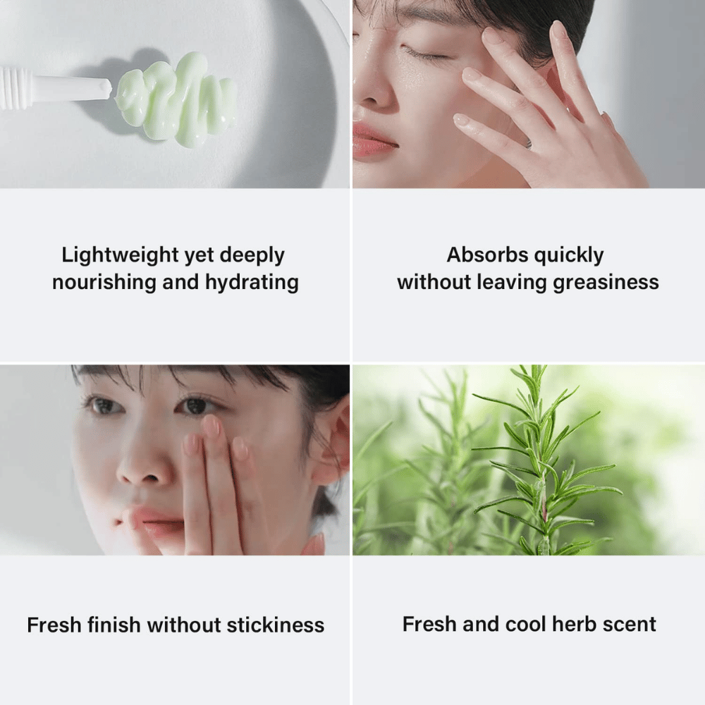 Fire billeder, der viser fordelene ved et hudplejeprodukt. Øverst til venstre ses en grøn creme på en børste, med teksten "Lightweight yet deeply nourishing and hydrating." Øverst til højre, en kvinde der anvender produktet, med teksten "Absorbs quickly without leaving greasiness." Nederst til venstre, en kvinde der masserer produktet ind, med teksten "Fresh finish without stickiness." Nederst til højre ses et billede af rosmarin med teksten "Fresh and cool herb scent."