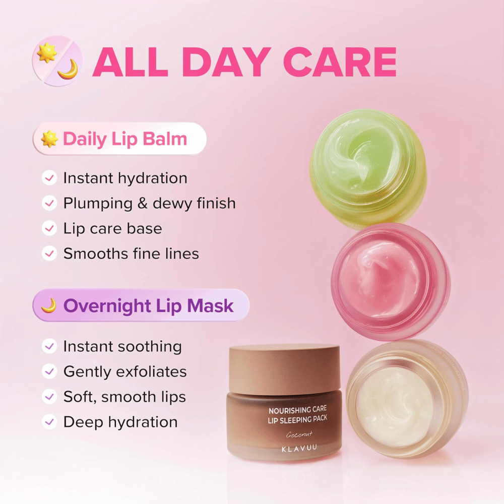 KLAVUU Nourishing Care Lip Sleeping Pack Coconut kan bruges som læbepomade om dagen eller som intens læbemaske natten over for bløde læber.