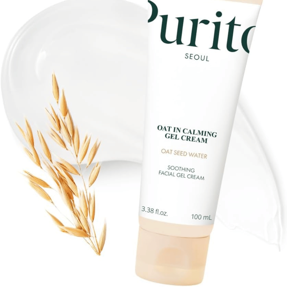 Purito Oat-In Calming Gel Cream med havre og creme-struktur. Fugtgivende gelcreme med Oat Seed Water for blød, afbalanceret hud.