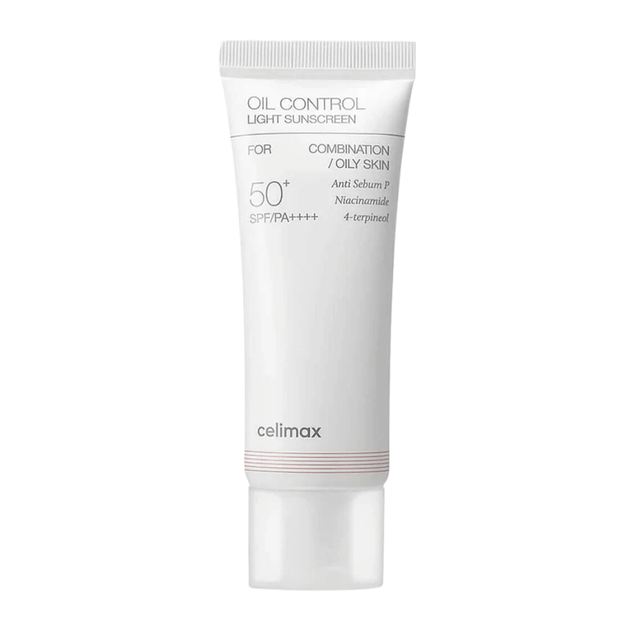 Celimax Oil Control Light Sunscreen SPF 50+ PA++++ produktbillede med fokus på formel og ingredienser som niacinamid til talgkontrol og mere ensartet hudtone